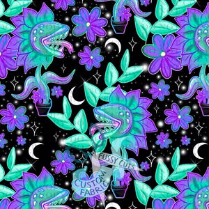May include: A repeating pattern featuring stylized carnivorous plants with open mouths and long tongues, in shades of teal, purple, and green. The design includes purple flowers, crescent moons, and stars on a black background. The text "FUSSY CUTS" and "CUSTOM FABRIC" is also visible.