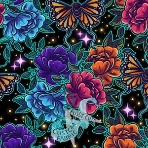 May include: A colourful fabric design with flowers and butterflies on a black backdrop. The flowers are in shades of blue, purple, orange, and red, with green leaves and glowing accents. Butterflies with orange and black wings are also present.