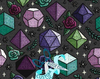 Könnte beinhalten: Ein nahtloses Muster mit geometrischen Formen, Rosen und floralen Elementen in Lila, Grün und Türkis auf dunklem Grau. Der Text "Fussy Cuts Custom Fabric" ist enthalten.