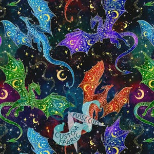 May include: A fabric pattern featuring colorful dragons with intricate wing designs, set against a starry night sky. The dragons are in shades of blue, green, purple, and red, with crescent moon and star accents. The text "Fussy Cuts Custom Fabric" is also visible.