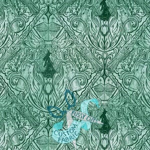 May include: A repeating pattern in shades of green featuring ornate illustrations of bottles, wands, angels, and botanical elements. The design has a vintage, gothic aesthetic, with a damask-like arrangement. The words "Fussy Cuts Custom Fabric" are visible.