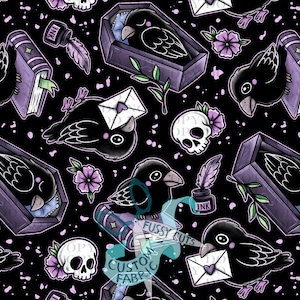 May include: A black fabric pattern featuring illustrations of black birds, purple coffins, white skulls with purple flowers, ink bottles with feathers, and books. Some birds hold white envelopes with purple hearts. The text FUSSY CUTS FABRIC is visible.