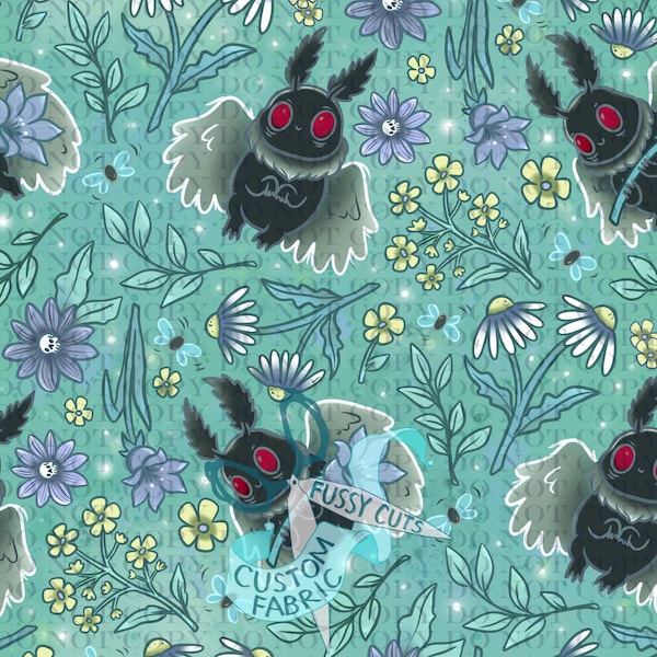 May include: A teal fabric pattern featuring cartoon moths with red eyes, surrounded by flowers and leaves in shades of blue, yellow, and white. The words "Fussy Cuts" and "Custom Fabric" are visible on a banner. The design has a whimsical, illustrative style.