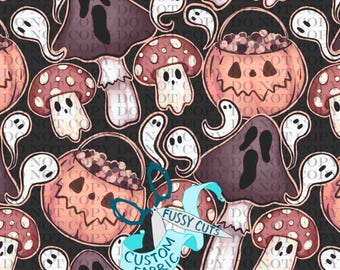Hongos fantasmales sobre negro - Tela con estampado personalizado - Colección de Halloween neutra de Hex Reject
