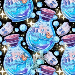 May include: Seamless pattern featuring whimsical potion bottles with blue liquid, cork stoppers, and rubber duckies. The bottles are surrounded by bubbles and ghost-shaped elements on a black background with starbursts. The text "Fussy Cuts" and "Custom Fabric" are visible.