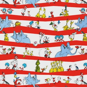 May include: A whimsical fabric design featuring characters and elements from a children's book. The pattern includes red and white stripes, with illustrations of blue elephants, yellow creatures, and other colorful figures.