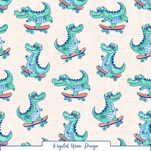 May include: A repeating pattern on a light beige fabric featuring green crocodiles wearing sunglasses and baseball caps while riding orange skateboards with blue wheels. The bottom edge displays the text Krystal Winn Design.