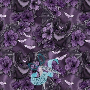 May include: A seamless pattern featuring cartoon bats with crescent moon markings, surrounded by purple flowers and white bat silhouettes on a dark purple background. The text "FUSSY CUTS CUSTOM FABRIC" is visible.