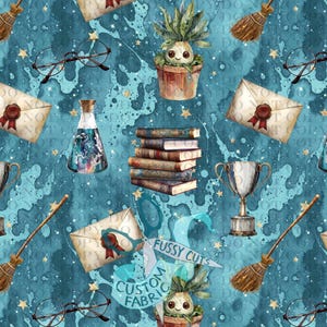 May include: A teal fabric pattern featuring various fantasy-themed elements. The design includes eyeglasses, books, envelopes with wax seals, trophies, brooms, and a plant in a pot. The words "FUSSY CUTS" and "CUSTOM FABRIC" are also visible.
