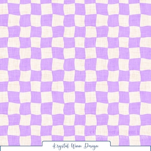 May include: A repeating pattern of wavy, distorted squares in light purple and off-white with a subtle linen-like texture. At the bottom, a white rectangular label displays the black text Krystal Winn Design in a script font.