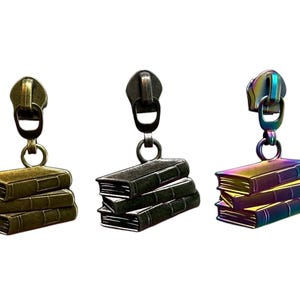 May include: Three metal zipper pulls, each featuring a stack of three books as a charm. The first is antique brass, the second is matte black, and the third has an iridescent rainbow finish. Each charm is attached to a standard metal zipper slider.