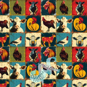 May include: A repeating pattern featuring farm animals such as roosters, hens, cows, and calves. The design is arranged in a grid of squares with a distressed, vintage aesthetic. The text "FUSSY CUTS CUSTOM FABRIC" is visible.