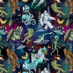 May include: A fabric pattern featuring cryptids like Bigfoot, the Loch Ness Monster, and aliens against a dark space background with stars, planets, and UFOs. A watermark reads FUSSY CUTS CUSTOM FABRIC over the center of the repeating design.