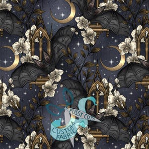 May include: Dark blue fabric with a repeating pattern of bats, gold moons, gothic arches, and white flowers. The design includes the text "Fussy Cuts Custom Fabric". The overall theme is gothic and celestial.