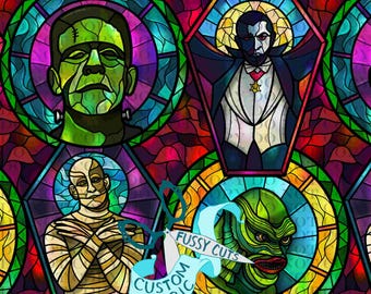 Stain Glass Classic Monsters on Red - Custom Print Fabric - Monster Fabric