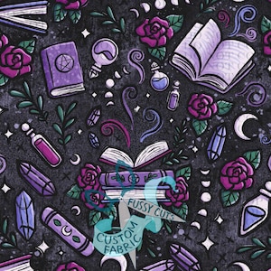 May include: Dark background fabric with a repeating pattern of purple roses, books, crystals, potion bottles, and crescent moons. The books have star and pentagram designs. The text "Fussy Cuts Custom Fabric" is on a banner.