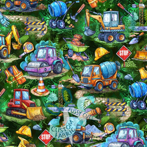 Construction Site on Green - Custom Print Fabric - Novelty Construction Machines