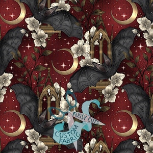 May include: A repeating pattern featuring black bats with outstretched wings, gold crescent moons, and white flowers against a deep red background. Gothic architectural elements and stars complete the design. The text "Fussy Cuts Custom Fabric" is visible.