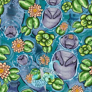 May include: A seamless pattern featuring cartoon manatees swimming in teal water, surrounded by green lily pads and peach-colored water lilies. The design includes the text "Fussy Cuts Custom Fabric".