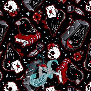 May include: A repeating pattern on a black background featuring black birds, red books, white skulls with red flowers, ink bottles with quill pens, white envelopes with red hearts, and grey coffins. The text FUSSY CUTS CUSTOM FABRIC is visible.