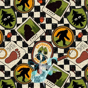 May include: A repeating pattern featuring Bigfoot-themed illustrations. The design includes images of Bigfoot, footprints, binoculars, and the text "Sasquatch Spotter." The background is a black and white checkered pattern.