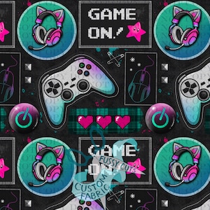 May include: A black fabric pattern featuring gaming icons including pink cat-ear headphones, white game controllers, three pixelated pink hearts, power buttons, and the text GAME ON in a pixelated font, accented with pink stars and geometric shapes.