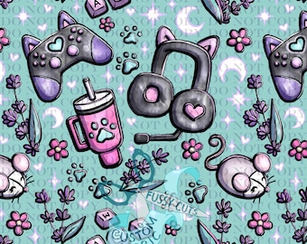 Puede incluir: Un patrón de tela turquesa con ilustraciones temáticas de juegos. Incluye un mando, auriculares, huellas de patas, flores y un ratón. También es visible el texto "FUSSY CUTS" y "CUSTOM FABRIC".