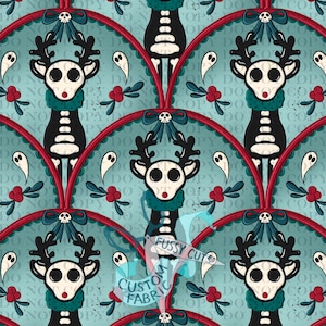 May include: A repeating pattern featuring stylized reindeer skeletons with antlers, wearing teal scarves and bows with skulls. The design includes red scalloped arches, white ghost shapes, and red berries on a teal background.