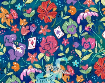 Puede incluir: Un diseño de tela caprichoso con flores coloridas, naipes y el texto "Fussy Cuts Custom Fabric" sobre un fondo verde azulado. Las flores son en tonos de rojo, naranja, rosa y morado, con hojas y tallos verdes.
