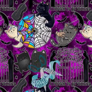 May include: A seamless pattern featuring cartoon cats, bats, violins, and gothic gates on a purple background. The design includes a colorful spiderweb and the text "I PREFER TO BE VILIFIED" and "NEVERMORE ACADEMY".