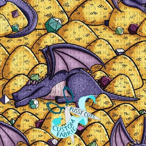 May include: A repeating pattern featuring a sleeping purple dragon on a bed of gold coins and colorful dice. The design includes the text "Fussy Cuts Custom Fabric" with scissors. This design is suitable for fabric.