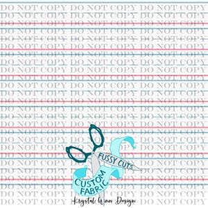 May include: A white background with the words "DO NOT COPY" repeated in a pattern. The image features a pair of teal scissors with a teal ribbon that says "CUSTOM FABRIC" and "FUSSY CUTS". The designer's name, "Krystal Winn Design", is also visible.