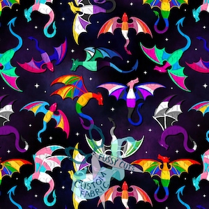May include: A fabric design featuring colourful dragons with rainbow, transgender, and other pride flag patterns. The dragons are set against a dark purple starry background. The text "Fussy Cuts Custom Fabric" is also visible.