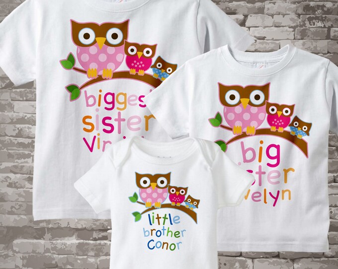 Big Sister Little Brother Outfits, Biggest Sister, Big Sister, and Little Brother Set Personalized Owl Shirt or Onesie Set of 3 03192012a