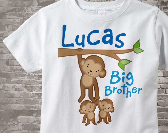 Big Brother Shirt - Big Brother Outfit top - Boy's Big Brother Monkey with twin baby monkeys t-shirt or Onesie, Personalized 03012012a