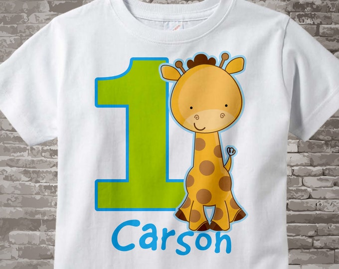 Personalized FIrst Birthday Giraffe Tee Shirt or Onesie with blue and green colors, 1st Birthday Giraffe tee, Safari Theme 01072013a