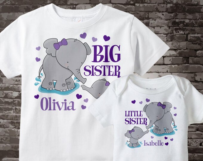 Set of Two Personalized Elephant Big Sister and Little Sister Shirt or Onesie Pregnancy Announcement 04012014a