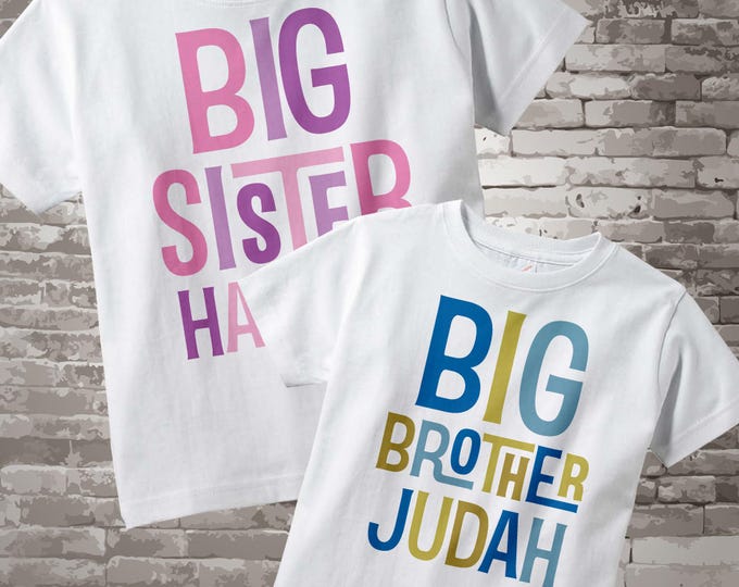 Big Sister Big Brother Shirt SET, Matching SET of 2, Sibling Personalized with Blue Letters for Boys and Pink and Purple for Girls 06212013b
