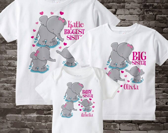 Girls Set of Three, Biggest Sister, Big Sister and Baby Sister Elephant Shirts and Onesie Personalized with your child's name 12192013c