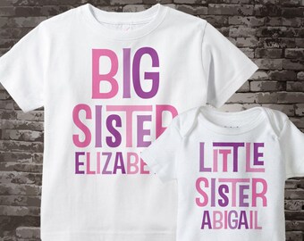Big Sister Little Sister Outfits Shirt set of 2, Sibling Shirt, Personalized Tshirt with Pink and Purple Letters 12082011d