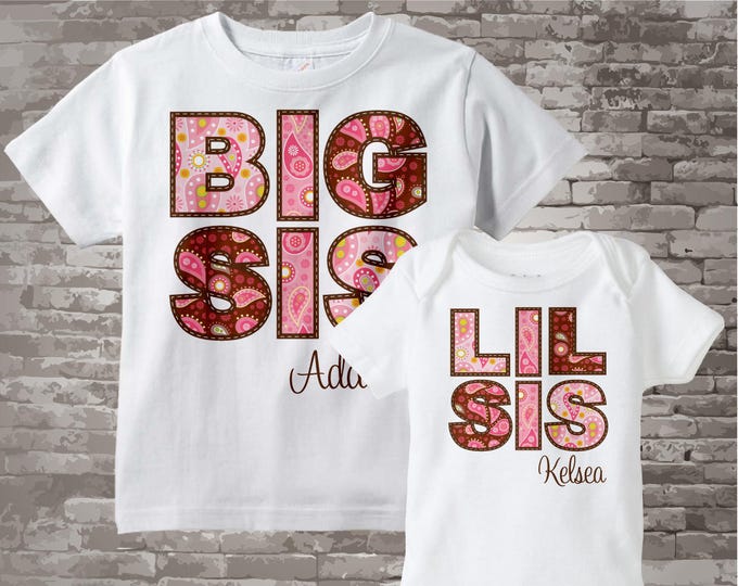 Set of Two Big Sister and Lil Little Sister Shirt Personalized Infant, Paisley Toddler or Youth Pregnancy Announcement 10262011a