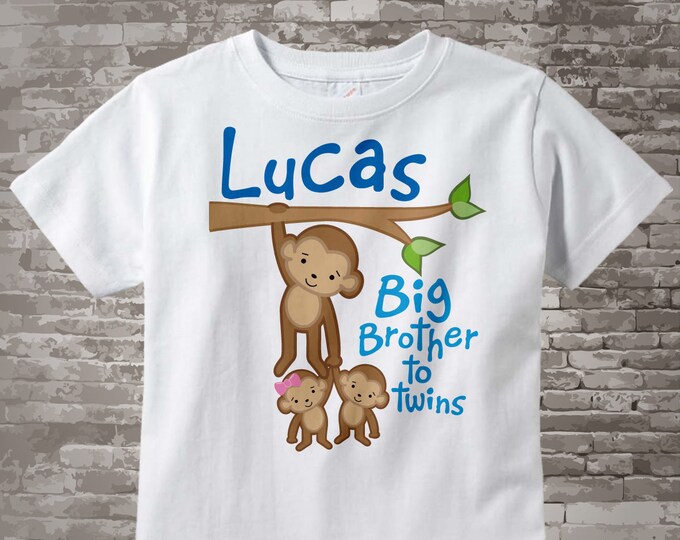 Boy's Big Brother to Twins Monkey Shirt or Onesie with twin Baby Monkeys 1 boy 1 girl, Personalized Pregnancy Announcement  02072014i