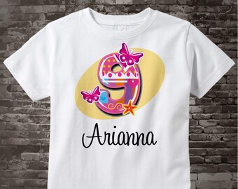 Nine Year Old Shirt with Name, Ninth Birthday Shirt, Fancy Number 9th Birthday, Personalized Girls Birthday Tee 09112013a