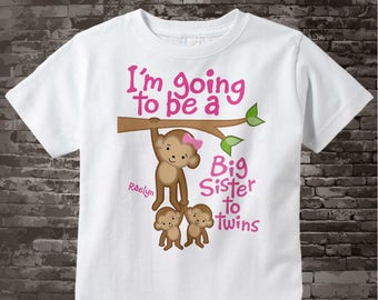 I'm going to be A Big Sister to Twins Shirt or Bodysuit, Monkey Shirt, Big Sister Monkey with twin babies, Personalized Big Sister 09192013a