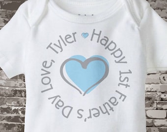 Boys Personalized Happy First Father's Day, New Dad Gift, 1st Fathers Day with Blue Heart Tee Shirt or Onesie 05102012d