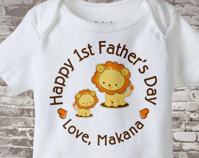 Happy First Father's Day White Cotton Onesie with cute Yellow Lions, Personalized with babies name 04132016c