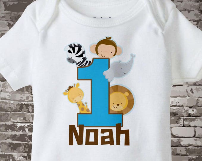 Boy's One Year Old Jungle Birthday Shirt or Onesie with Name, 1st Birthday Shirt or bodysuit, Personalized Jungle Birthday Theme 01222013az