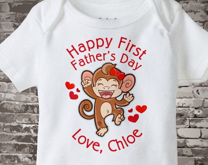 Happy First Father's Day Onesie, personalized with the child's name and has a cute little monkey in the design 05252017b