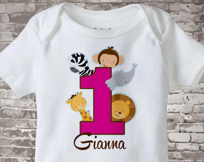 Girl's One Year Old Jungle Birthday Shirt or Onesie with Name, 1st Birthday Shirt, Personalized Jungle Birthday Theme 01222013bz