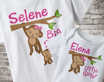 Big Sister Little Sister Outfits, Shirt set of 2, Sibling Shirt, Personalized Tshirt with Cute Monkeys - Price is for both items 01022014b